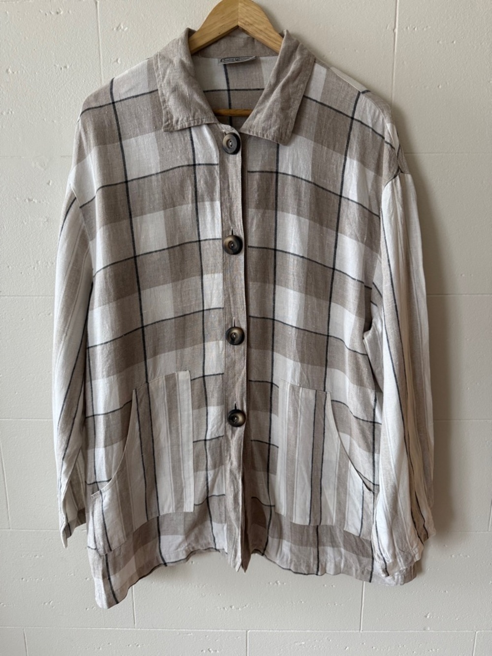 Vintage | Linen Plaid Shirt Jacket Neutral Minimal Coastal Lightweight | Large